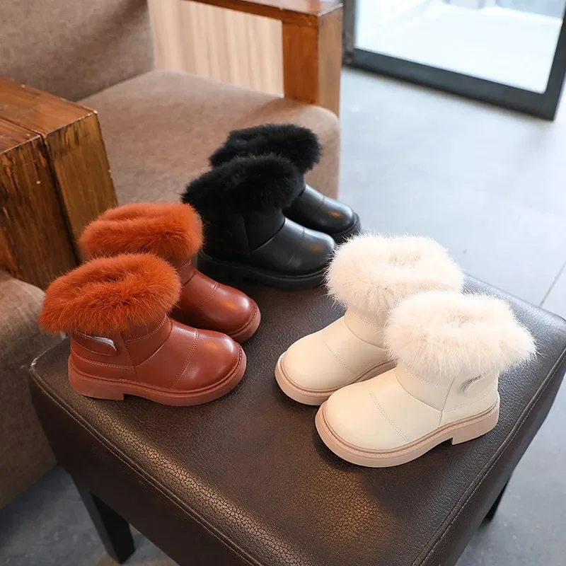 2024 New Solid Color Britain Style Girls Casual Boots Plush Winter Soft Baby Boys Short Boots Kids Shoes Children Drop Shipping