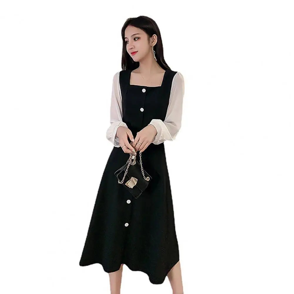 

Women Long-sleeve Midi Dress Elegant Square Neck Midi Dress with Button Detail Mesh Patchwork Women's A-line Loose for Spring