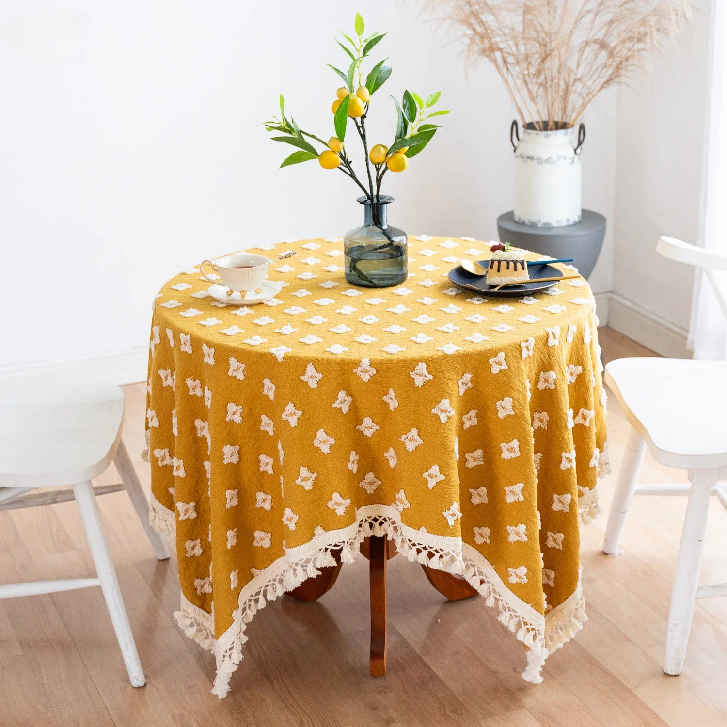 

American Retro Cotton Linen Floral Knit Pattern Tablecloth with Tassels Rectangular Tablecloth Dining Table Cover Tea Cloth