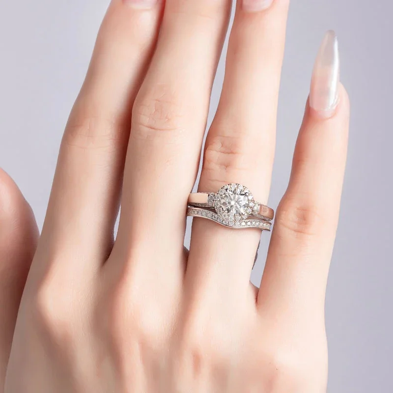 Total 1.62ctw Moissanite Wedding Rings Set For Women Solid 925 Silver Engagement Ring VVS1 D Color Round GRA Certificate