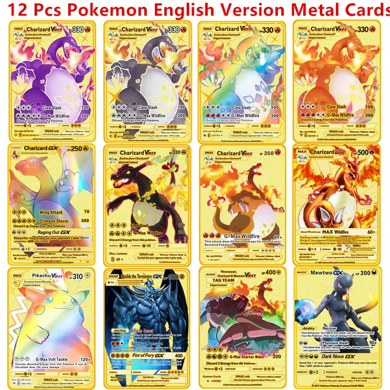 Pokemon Cards English Espanol Version 6-12 Pcs/Set Pokemon Metal Card Anime Figure Charizard Pikachu Battle Collection Carte Cards Toy Gifts game cards collectible cards anime cards anime trading cards