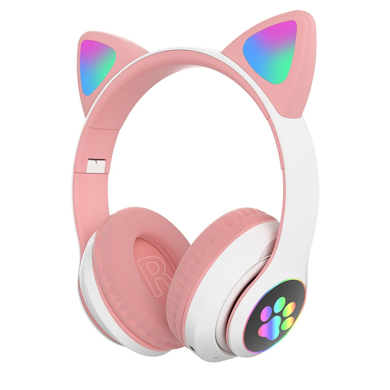 깜빡이는 LED 귀여운 고양이 귀 헤드폰, 마이크 포함 무선 헤드셋, TF FM, 어린이 소녀 스테레오 음악 이어버드, 새끼 고양이 이어폰 선물