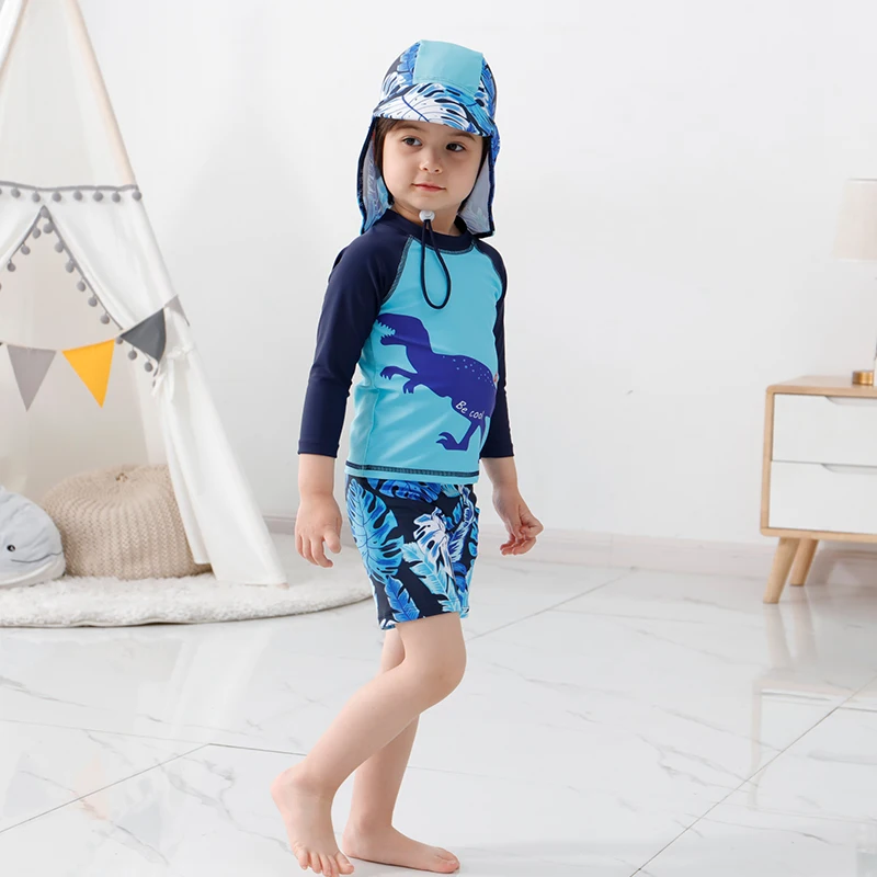 2-16 Y Children's One Piece Swimsuit Blue Dinosaur Set with Swimwear Cap Boys Summer Beachwear