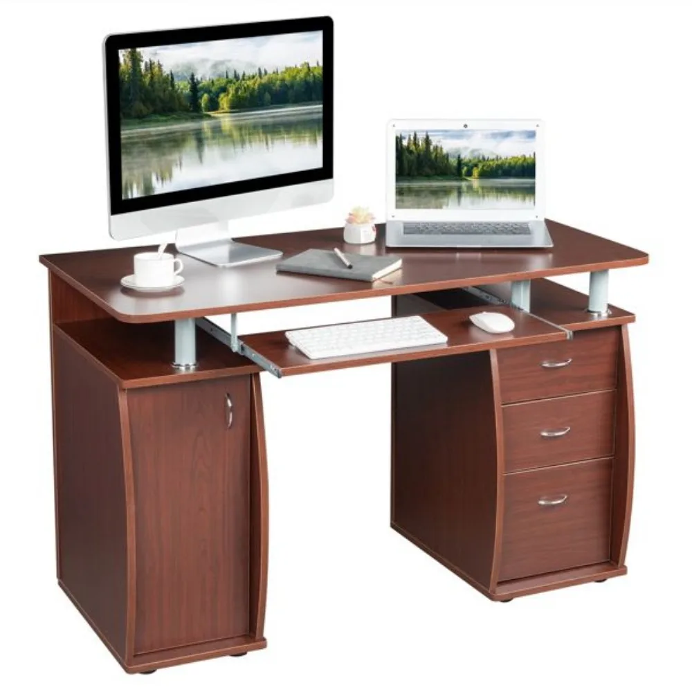Computer Desks,115* 55*74cm 15mm MDF Portable 1pc Door with 3pcs Drawers Computer Desk (A Box) Coffee Color 4