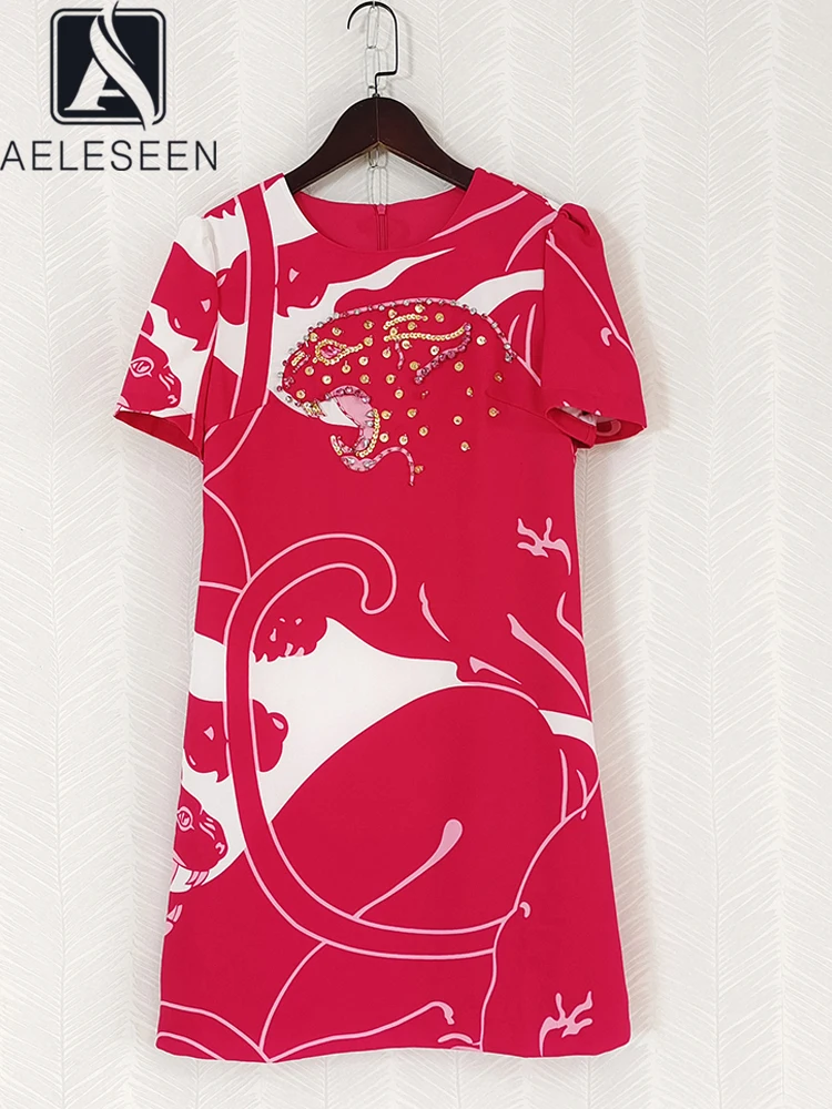 

AELESEEN Women Summer Red Mini Dress Designer Fashion Luxury Beading Sequined Crystal Animal Print Casual Holiday Vacation
