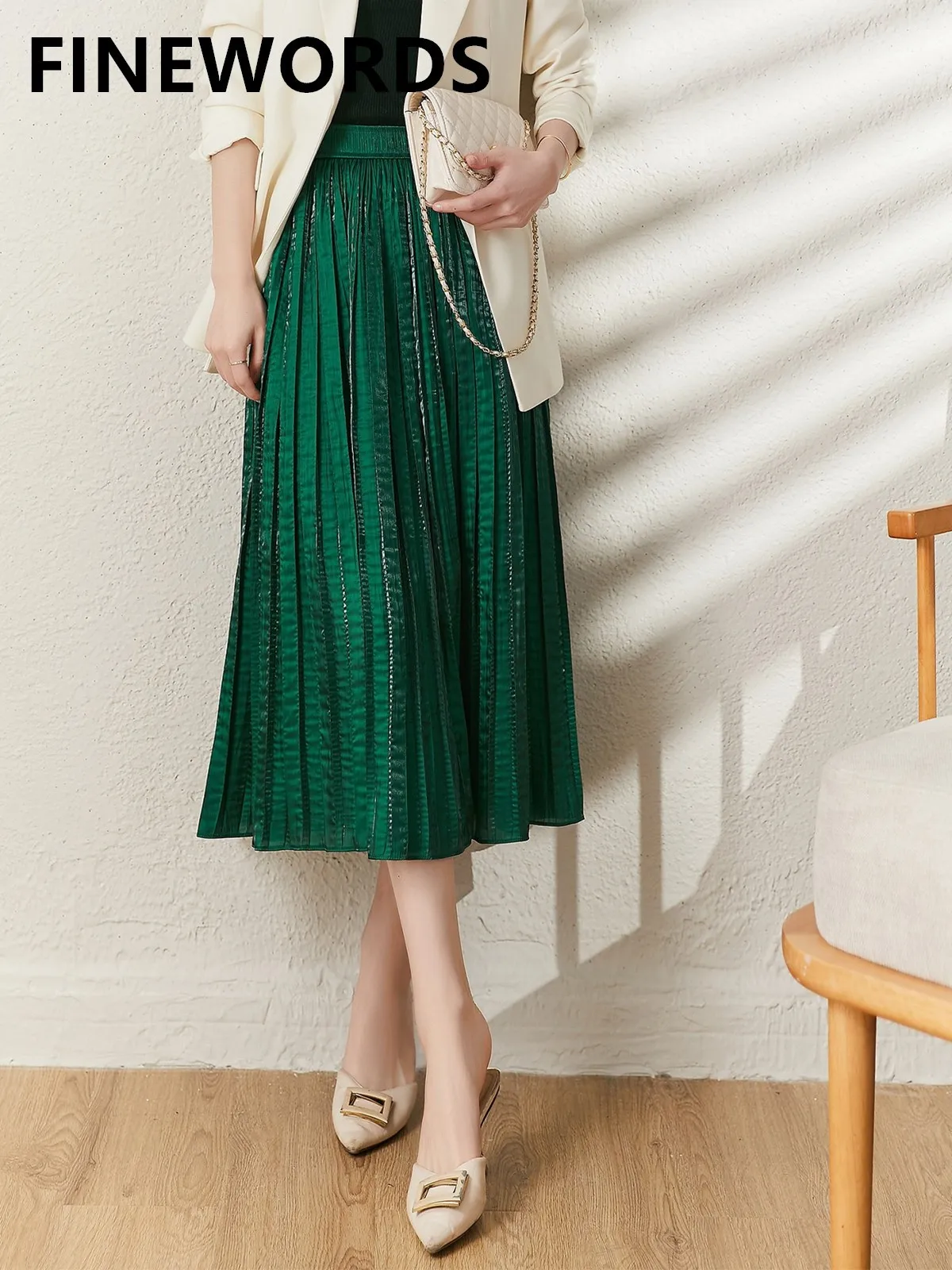 

FINEWORDS Summer High Waist Green Pleated Skirts A Line Commuter Elegant Skirts Women Solid High Waist Korean Office Long Skirts
