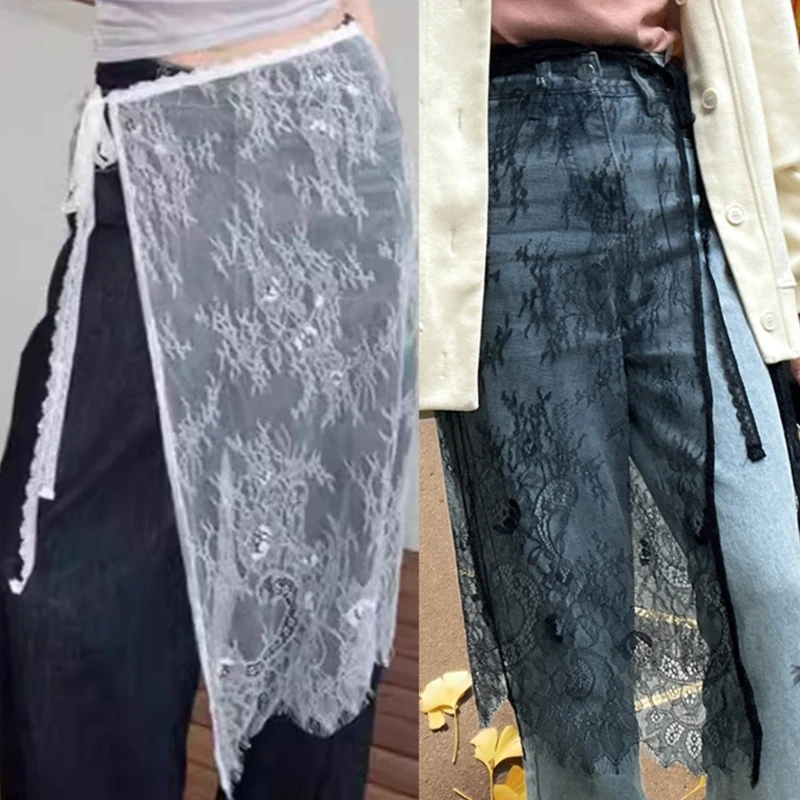 

Women Korean Vintage Sheer Eyelash Lace Half Skirt Hip Scarf Flower Pattern Tie Up Apron Skirt Covering Overskirt 10CF