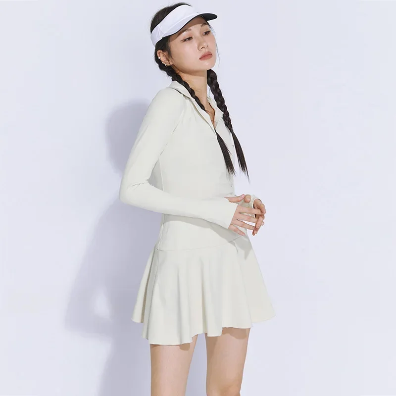 Women Warm Fleece Tennis Dress Ladies Full Sleeve Sport Dress Women V-neck Running Fitness Short Skirt Badminton Yoga Skort