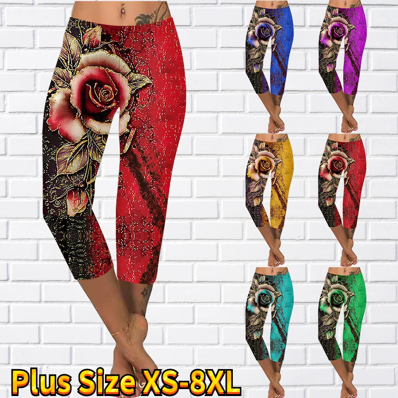 Feminine Rose Print Leggings High Waist Seamless Sports Fitness Push Ups Fitness Leggings Cropped Pants Pencil Pants Xs-8Xl