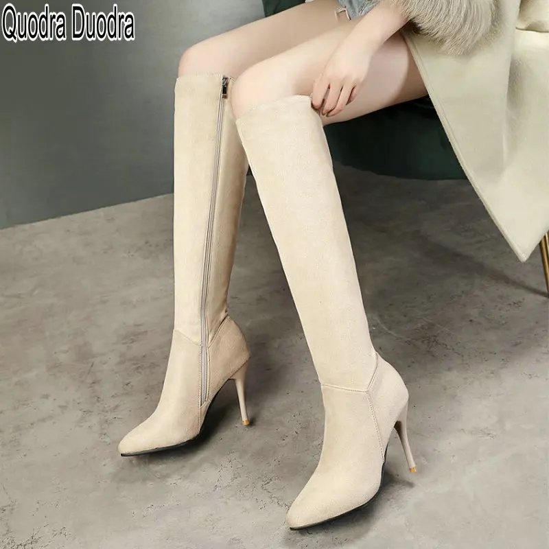 

Boots New Women Nubuck Female Shoes Thin High Heels Fashion Winter Knee-High Slip On Zipper Pointed Toe Casual Lady Comfortable
