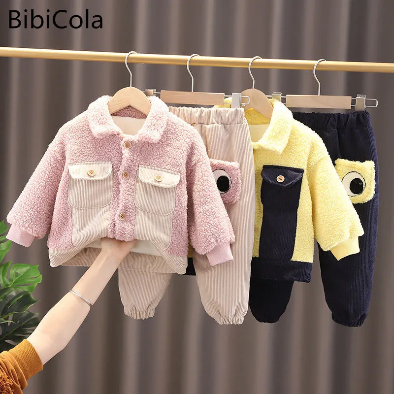 

Trendy Children's clothing Set Autumn Winter Thick Fleece Warm Children Jacket Top + Pants Sport Suit Boys Girls Two Piece Sets