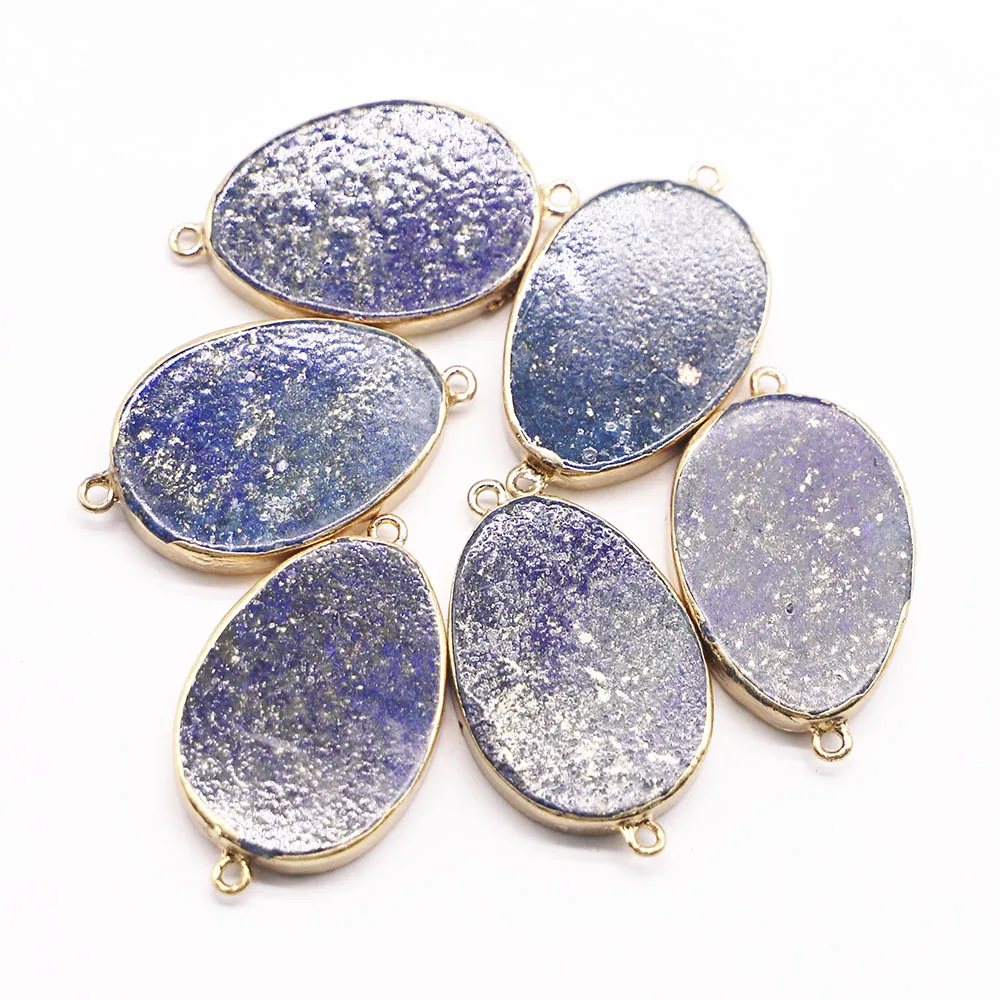 Natural Stone Oval Pendants Connector Lapis Lazuli Flat Necklaces Mineral Healing Gold Plated Edge Charms Jewelry Wholesale 4Pcs