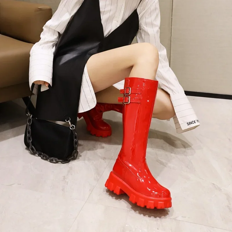 여성용 두꺼운 힐 벨트 버클 하이 부츠, 캐주얼 오토바이 부츠, 높이 5cm, 34-43, 가을, 겨울, 새로운 스타일 패션