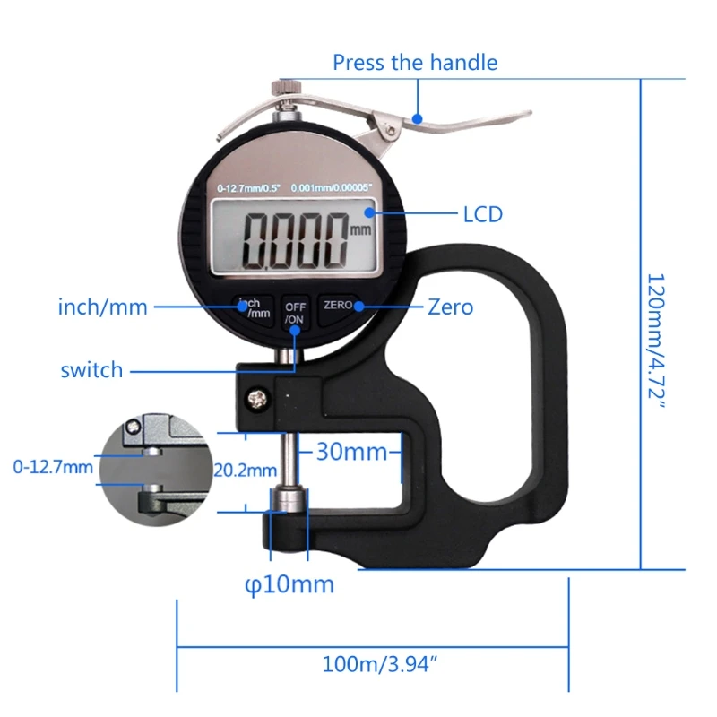 Digital thickness gauge 0.4 inch/10 mm 0.0005"/0.01mm thickness meter metric/inch paper/film/fabric/tape test thickness gauge