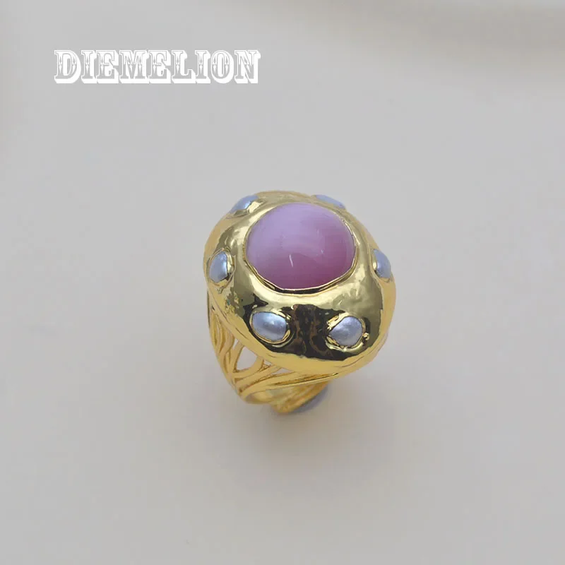 

Fashion Large Cat Eye Stone with Natural Freshwater Pearl Luxury Opening Rings for Women Wedding Bands Jewelry Accessories Gifts