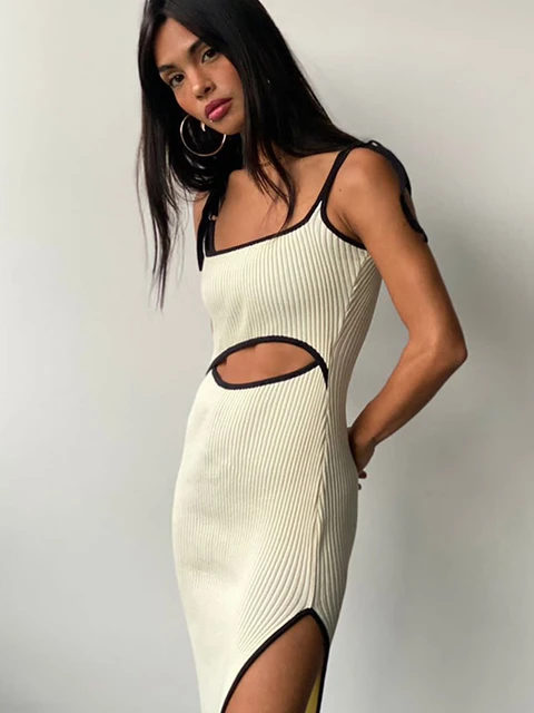 hirigin Sexy Spaghetti Straps Hollow Out Midi Dress Women Y2K Elegant Sleeveless  Backless Party Dresses Patchwork 2022 Summer - AliExpress