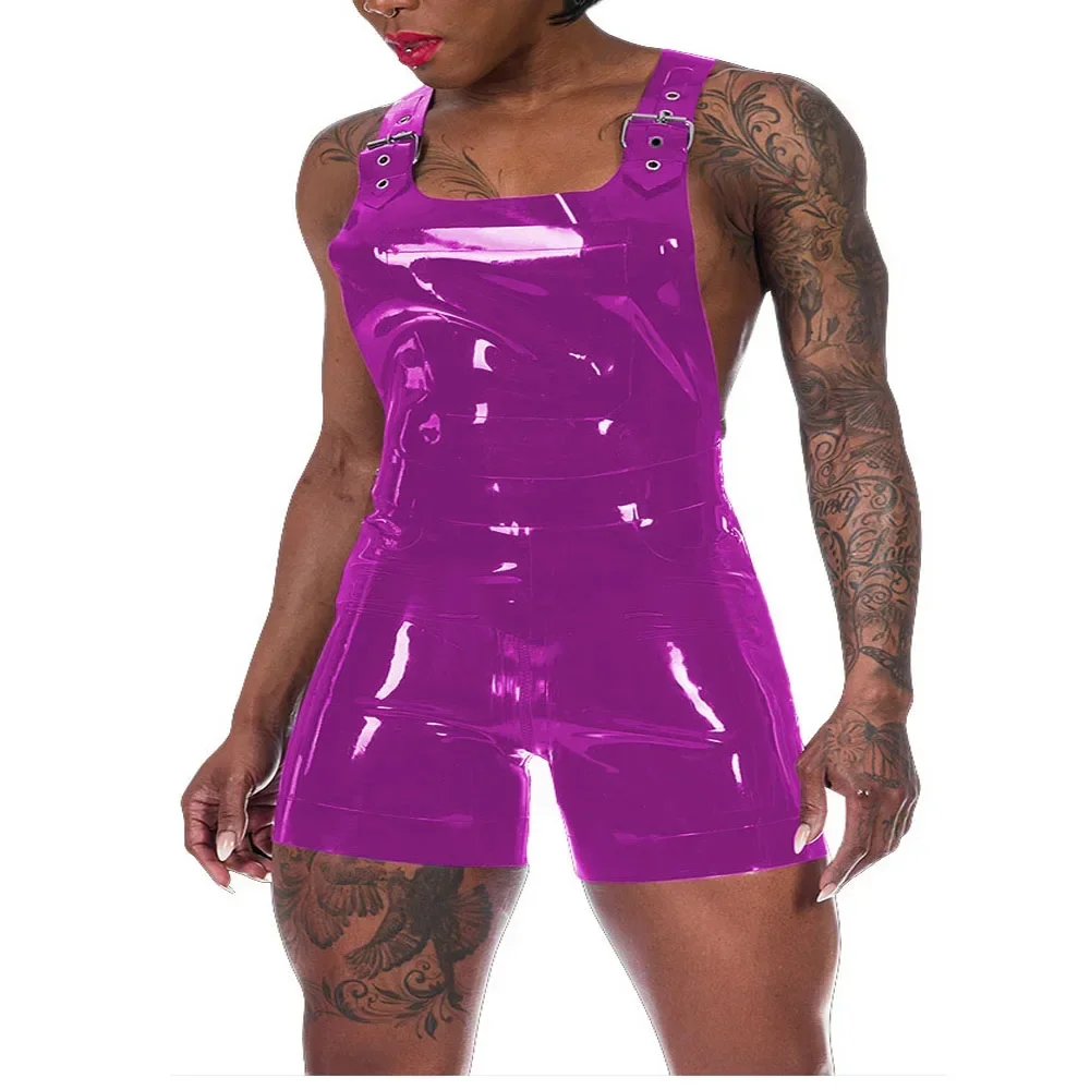 Plus Size Summer Women Patent Leather Overalls Adjustable Straps Faux Latex Romper Shorts Casual Vinyl Jumpsuit Streetwear 1