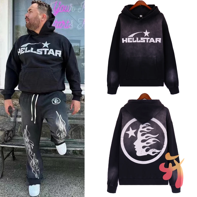 

Новинка, зимняя Классическая толстовка с капюшоном и надписью «Hellstar», винтажный пуловер для мужчин и женщин, черный Свитшот «HELLSTAR», спортивные свитшоты