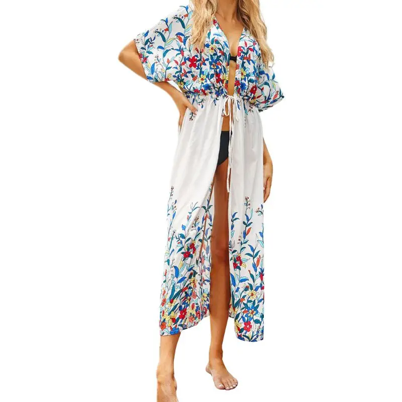 

Women Short Sleeve Maxi Long Cover Up Boho Floral Print Loose Kimono Cardigan Open Front Sunscreen Beach Dress