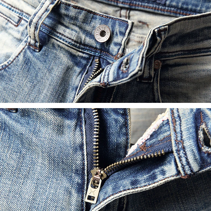 Fashion Designer Men Jeans High Quality Retro Light Gray Blue Elastic Slim Fit Ripped Jeans Men Patched Vintage Pants Hombre