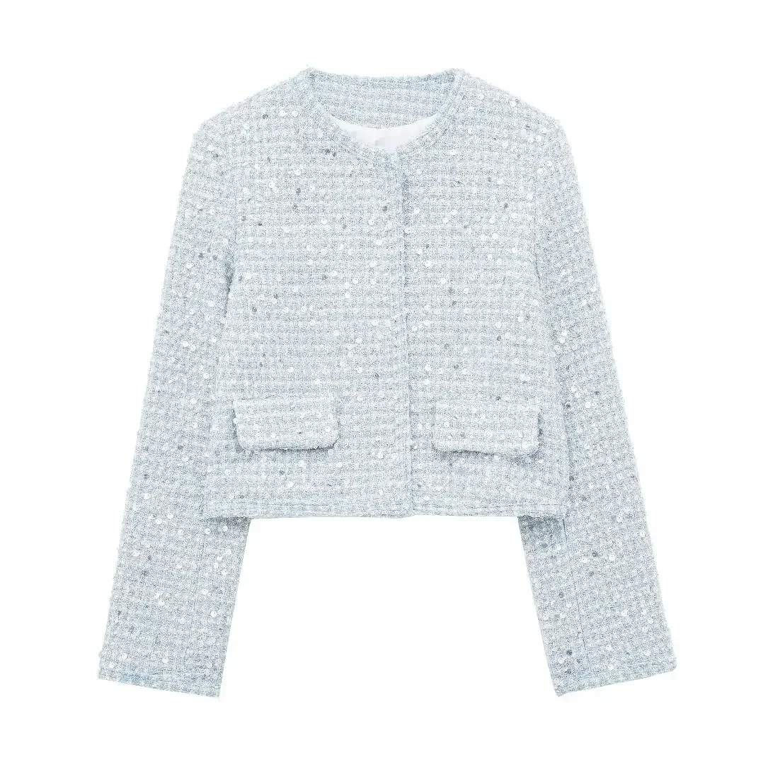 

Женское короткое клетчатое пальто с круглым вырезом, длинным рукавом и пуговицами