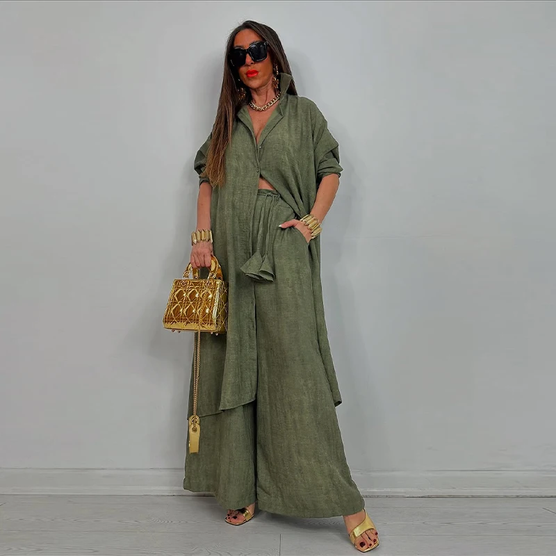 موضة المرأة بنطلون فضفاض الدعاوى كم طويل زر بدوره...