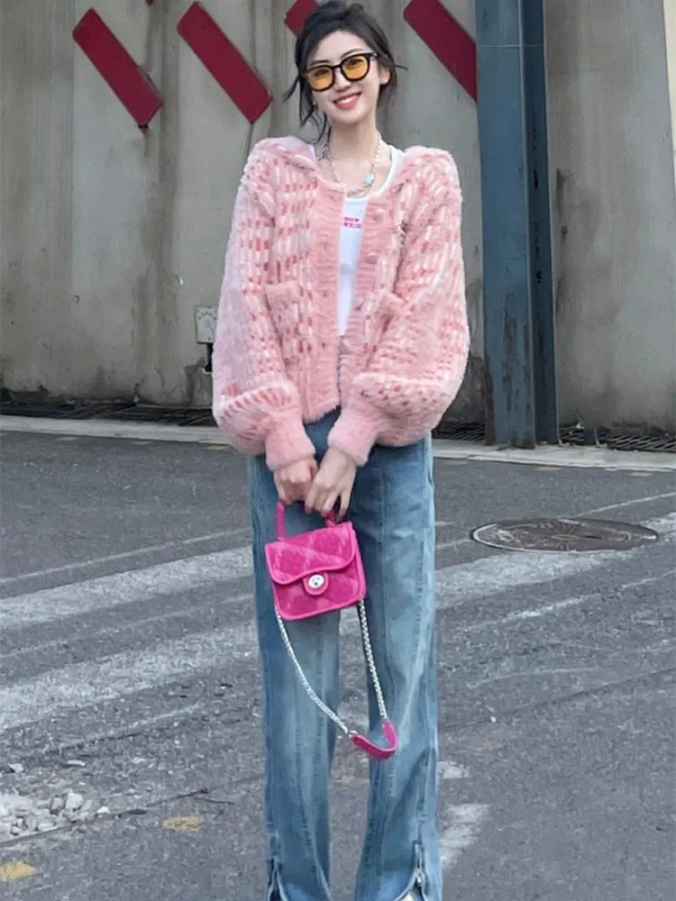 

Pink Cardigan Sweater Coat For Women In Autumn And Winter New Casual Loose Sweater Fashion Knitted Jacket Y2k Streetwear