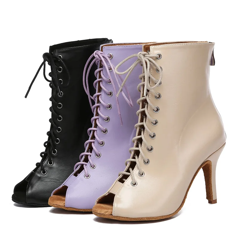 SWDZM  Latin Dance Shoes Women Ballroom Suede Sole Tango Modern Practice Mesh Boots Lace-Up Customize 5-10CM High Heeled 4