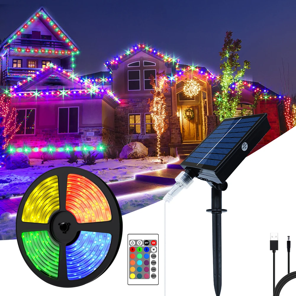 Solar 5050 RGB-Lichtleiste für den Außenbereich, LED-Farbe, dekorative Lichterkette, 5 m, 10 m, für Straßengarten, wasserdichtes Weihnachtsatmosphärenlicht.