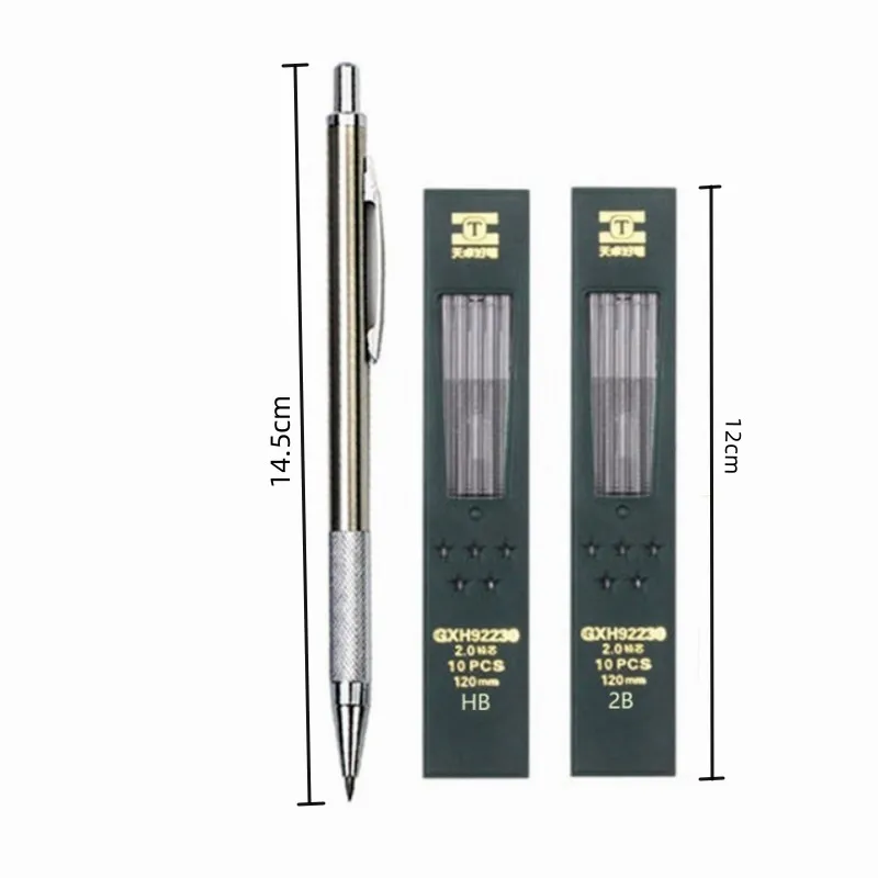 2.0mm Metal Mechanical Pencil Silver Automatic Pencil with 2B HB Lead Office School Writing Drawing Tools Stationery Gifts 5