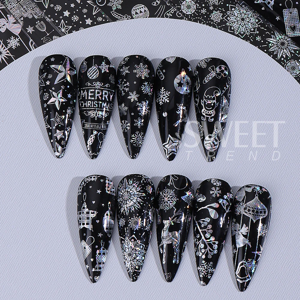 10pcs Laser Christmas Nail Foils Set Winter Stars Snowflakes Gift Gingerbread Man Transfer Foils Sheets Nail Manicure Decoration