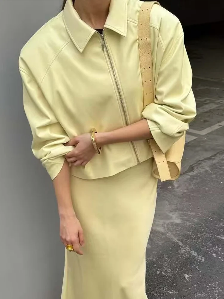 TFMLN New Women's PU Leather Zipper Jacket 2025 Fashion Loose Long Sleeve Retro Jackets Coats High Street Trend Short Outwear