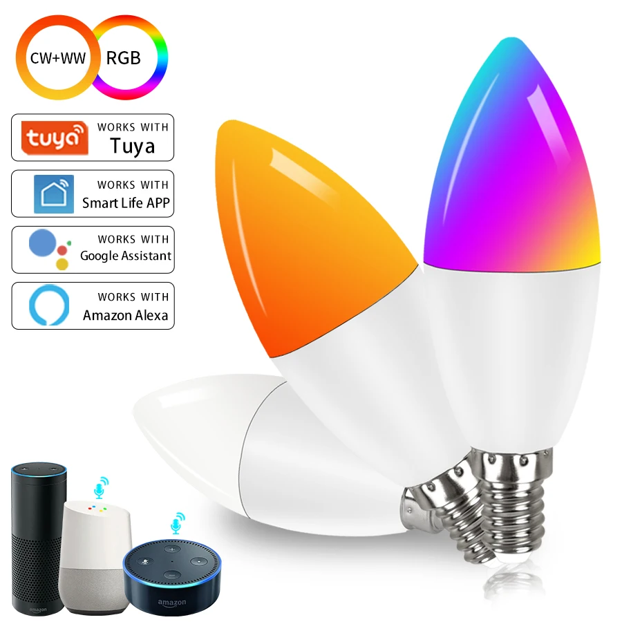 Smart LED Light Bulbs Tuya E14 WiFi 220V 5/7/9W Brightness Adjustment APP Connection Alexa Google Voice Control RGB smart led light bulbs