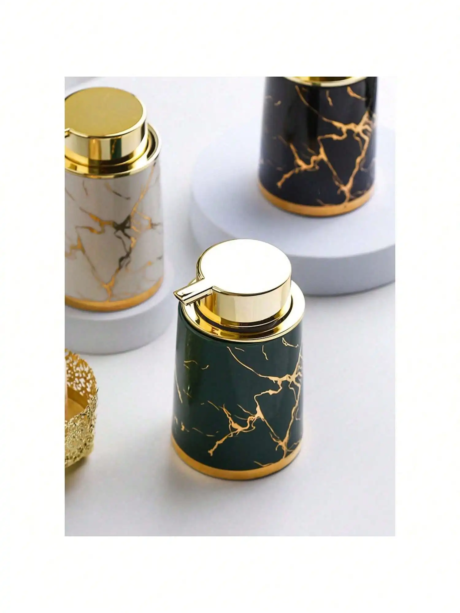 400ml Light Luxury Ceramic Marble Texture Refillable Press Mousse Foaming Soap Dispenser For Bottling, Filling Facial Cleanser 4
