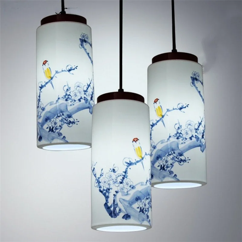 

New classical hand-painted ceramic chandelier restaurant balcony Chinese solid wood blue and white porcelain LED Chandelier
