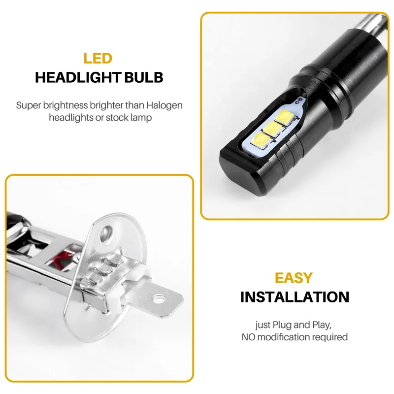 Kit de lâmpada de farol branco super brilhante, feixe alto, 6000K, 6000LM, DRL, 2 unidades