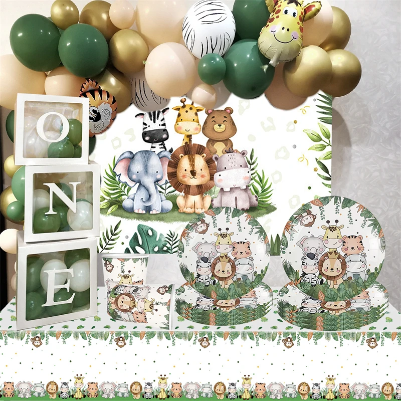 

Wild One Carton Animal Balloon Box with Paper Plate Tableware Set for Kids Forest Birthday Safari Jungle Party DIY Decorations