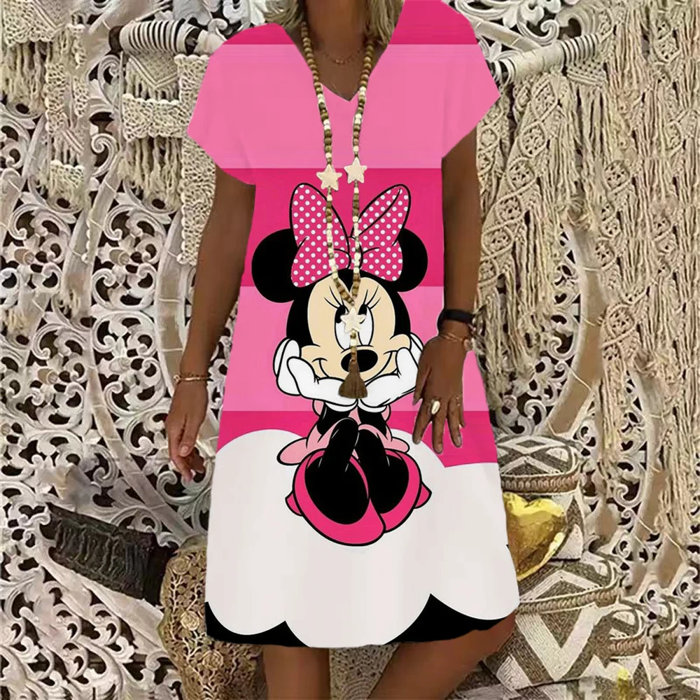 thumbnail image 1 of Elegante vestido de fiesta de playa para mujer 2024 Disney Minnie Mickey Mouse vestido de verano bohemio moda casual cuello en V vestidos midi, 1 of 5