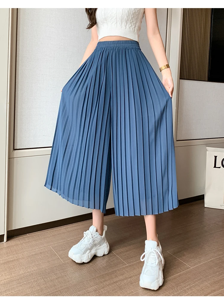 Summer Pleated Chiffon Wide-leg Pants Women Casual Black Midi Pant Skirts Female High-waist Straight Women's Pant