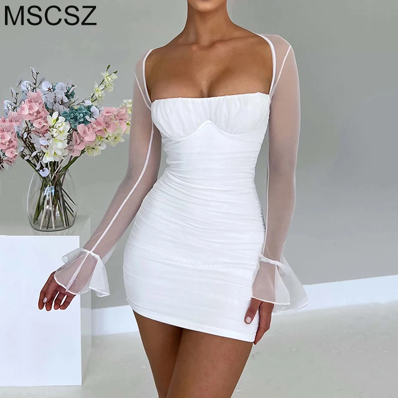 

Flared Long Sleeve Sexy Mini Dress Clubwear Sheer Mesh Backless Bodycon Dress Women Night Club Birthday Party Dress White Black