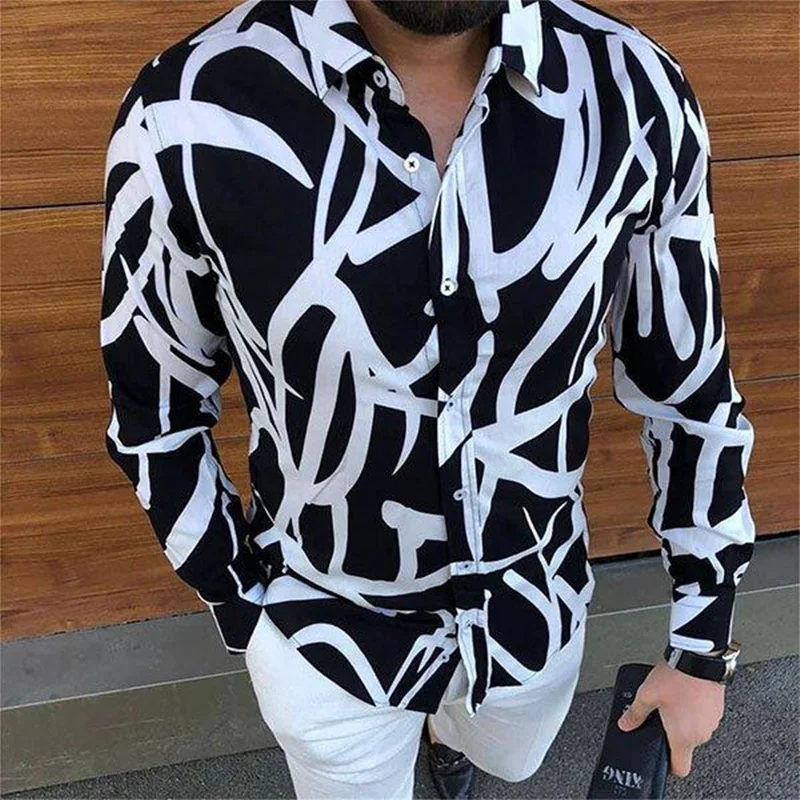 

Men Luxury Turn-down Collar Buttoned Casual Stripe Print White Long Sleeve Tops Spring Clothes Prom Party Cardigan Shirt
