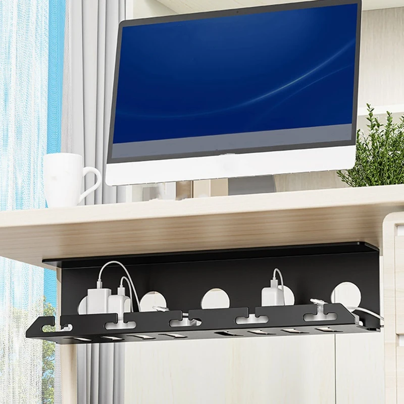 No Drilling Sturdy Under Desk Cable Management Metal Cable Tray Under Desk With Clamp Power Strip Cord Holder Rack Stand