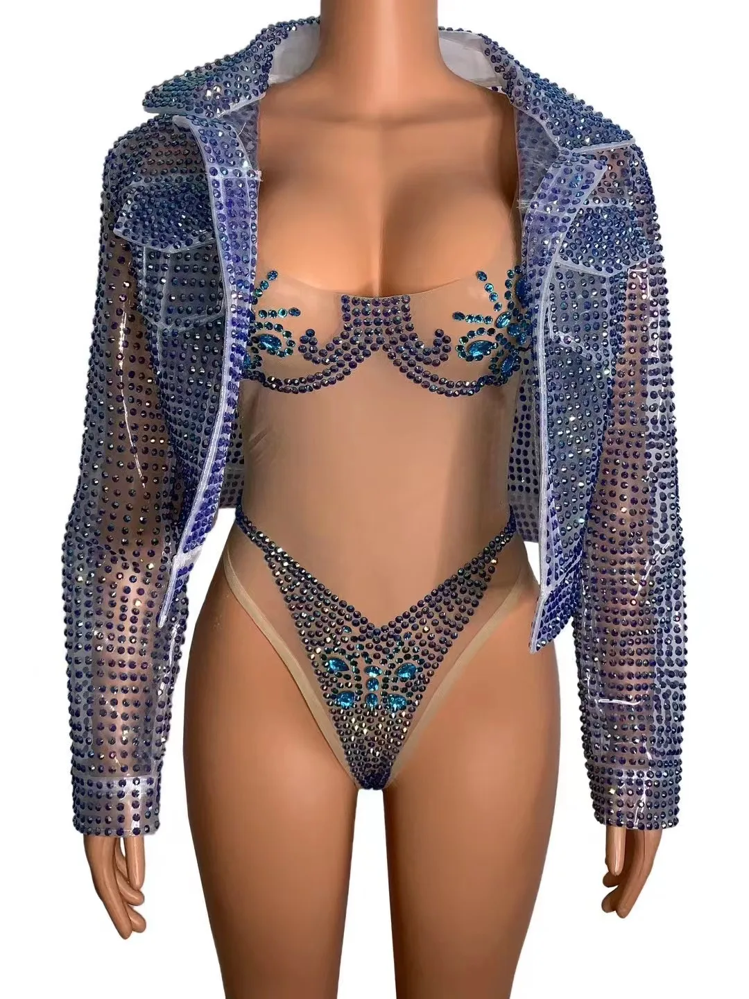 

Blue Elf Hollow Neck Mesh Fabric Diamond Embellishment Slim Fit High Elastic Zipper Short Jumpsuit Performance Clothing