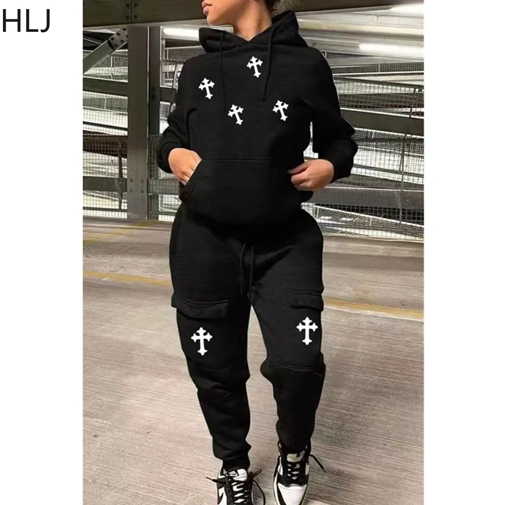 HLJ&GG Winter Fashion Pattern Print Hooded Two Piece Sets Women Long Sleeve Top And Jogger Pants Tracksuits Casual 2pcs Outfits