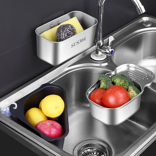 Stainless Steel Sink Strainer Fruit Vegetable Drainer Sponge Towel Holder  Filter for Leftovers Kitchen Hanging Shelf Dish Rack - AliExpress