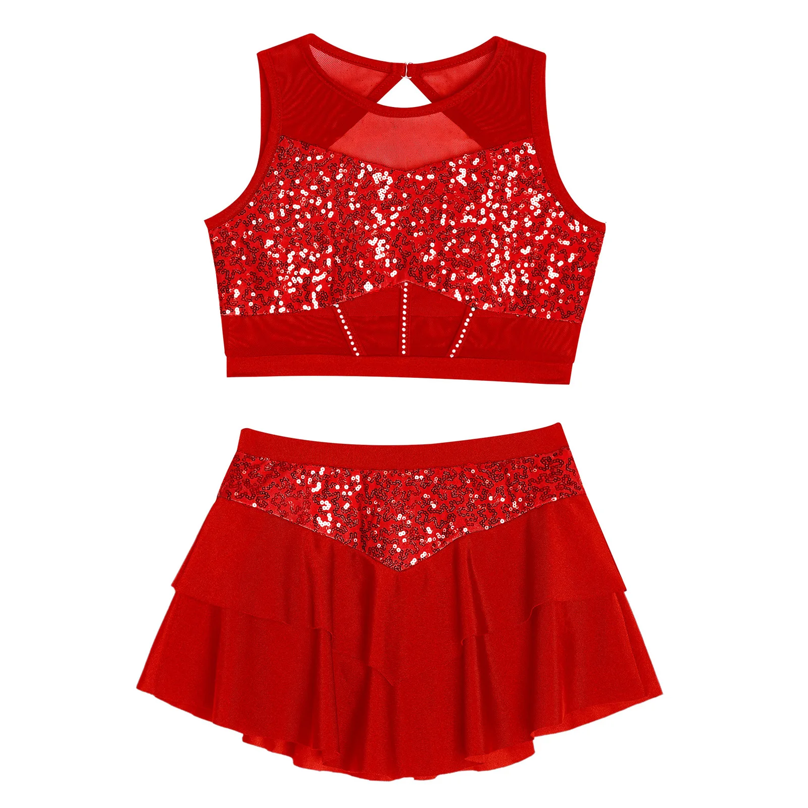 Kids Girls Cheerleading Uniform Cheerleader Ballet Jazz Dance Performance Costume Shiny Sequins Crop Top with Tiered Skirt for
