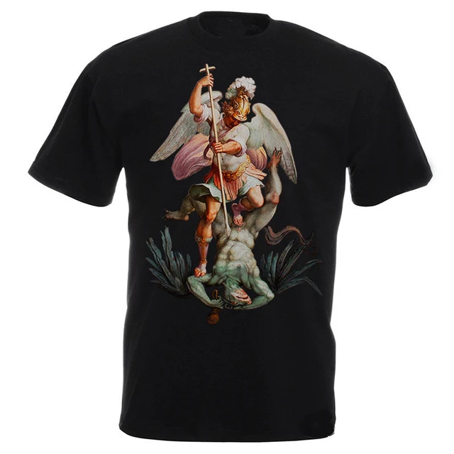 St.Michael The Archangel Destroy The Devil. Catholic Christians Gift T  Shirt High Quality Cotton, Breathable Top, Casual T-shirt
