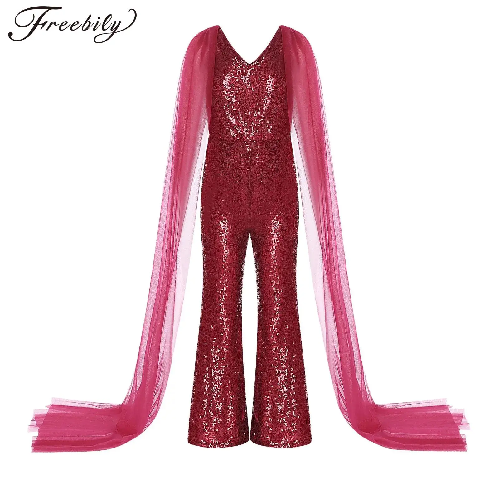 Kids Girls Shiny Sequin Jumpsuit Romper Jazz Ballet Dance Performance Prom Party Playsuit Wide Leg Pants Fancy Dress-up Bodysuit – Buy The Best Products In The Online Store - Foto 9