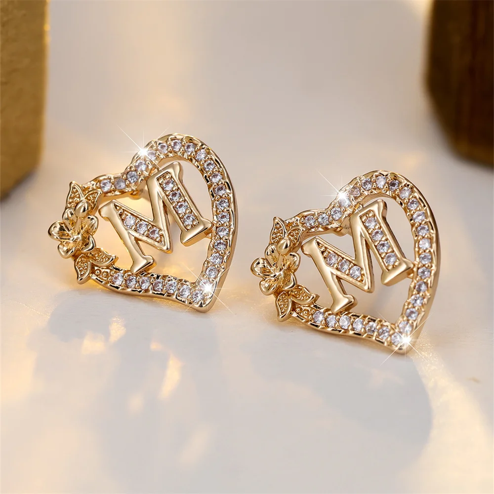 Luxury Crystal Letter M Hollow Love Heart Stud Earrings For Women Vintage Gold Color Wedding Earring Valentines Day Jewelry Gift