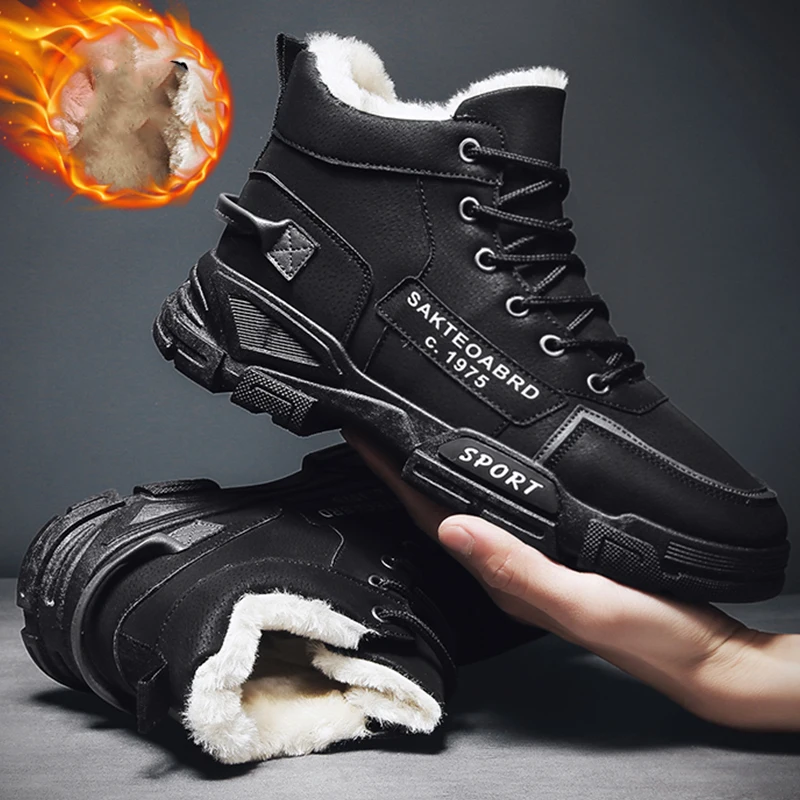 Warm Fashion Men's Boots Plush Men Martin Boots Outdoor Anti-slip Male Ankle Boots Leather Winter Shoes Sewing Platform Tennis